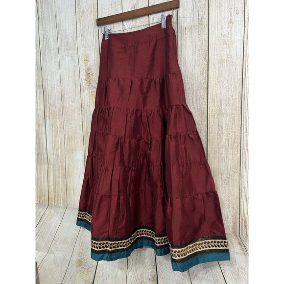 Women Tiered Midi Skirt Sz M Burgundy A-Line Full Boho Western‎ Cowgirl India - Picture 3 of 9